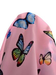 Tween Girls' Off-Shoulder Ruffle Hem Colorful Butterfly Print Mesh Jumpsuit, Holiday Style For Spring/Summer - Pink - View 4