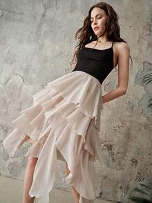 Frievida European And American Style Spring/Summer New Fashionable Versatile Multi-Layer Splicing Solid Color Chiffon Elastic Waist Midi Skirt - Beige - View 5