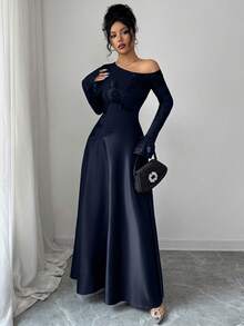 Modelyn Women's Autumn Brown Sexy Asymmetrical Shoulder Mesh Embroidered Long Sleeve High Waist A-Line Dress - Navy Blue - View 4
