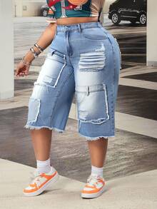 Slaydiva Plus Size Women's Non-Stretch Jeans, American Casual Brand Design Distressed Wash Frayed Hem Straight Leg Capri Jeans, Cowboy Outfits For Women - Blue - View 4