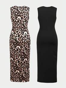 SHEIN Set de 2 vestidos casuales de verano para niñas preadolescentes, con estampado de leopardo, silueta ajustada, bajo con abertura, versátil para vacaciones y deportes - Multicolor - Ver 2
