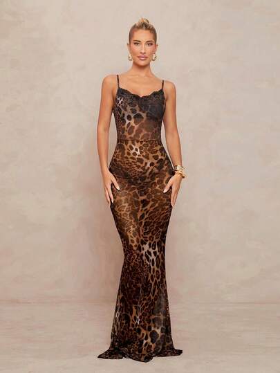 Lumalex Women's Sexy Vacation Style Leopard Print Contrast Lace Bodycon Fish Tail Hem Spaghetti Strap Dress, Summer,Spring Outing Summer Swimsuit Swimwear Swim Vacation Elegant Easter Bohemian BOHO Sea Beach Hot Outdoor Richly Layered Wedding Season Banquet Coming Of Age Ceremony Beach Seaside Women's Satin Asymmetrical Classic Coffee Brown Leopard Print Plunging Neckline Camisole Sheer Mermaid Dress With Back Slit And Tie Waist For Women Women Dresses Birthday