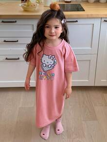 Dazy Kids HELLO KITTY | DAZY 女童寬鬆柔軟彈性蝴蝶結 KT 貓短袖睡裙，輕便居家洋裝 (Small) 夏季 - 粉色 - 查看 4