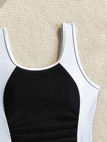 SHEIN Tween Girls' One-Piece Swimsuit Leopard-Print Pattern Side Bodysuit Pleating Front,Summer Casual Beach Holiday Surfing Vacation - Black and White - View 3