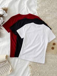 SHEIN Tween Girl Plain Short Sleeve T-Shirt, Minimalist Everyday Wear - Multicolor - View 3