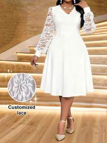 SHEIN Lady Plus Size Women V-Neck Contrast Lace Long Sleeve Elegant Ruffles Romantic Floral White Dress Fall Silky Formal Evening Wedding Cocktail Dinner - White - View 1