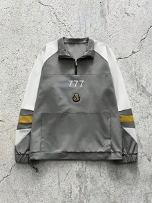 EVRINFINITE Men's Color Block Half Zip Jacket, Numeral & Graphic, Drawstring Hem, Daily/Sports/Festivals, Gift For Boyfriend - Grey - View 3