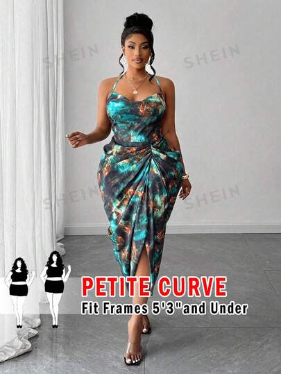 SHEIN PETITE CURVE Đầm cổ yếm xếp ly in họa tiết nhuộm tie-dye dành cho nữ cỡ lớn