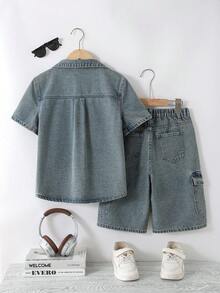 2025 New All-Match Casual Vintage Street Style Washed Comfortable Denim Set For Boys & Teenagers, Versatile For Daily Wear - Medium Wash - View 3