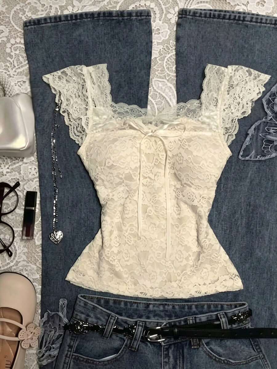 IslaSuriya 女款夏季極簡風前綁帶荷葉邊下擺上衣 - 白色 - 查看 1