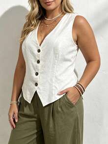 EMERY ROSE Camisa de chaleco de mujer talla grande con cuello en V y abotonadura sencilla - Beis - Ver 4