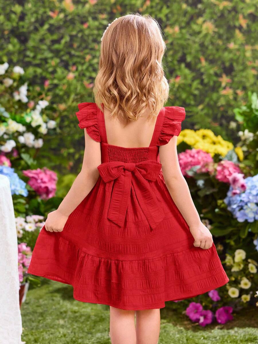 SHEIN Young Girl Ruffled Cap Sleeve Summer Vacation Dress - Red - View 1