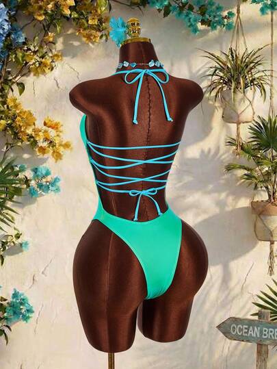 Amplova 1 bộ áo tắm liền thân nữ gợi cảm hở lưng, phối màu, kiểu monokini mini dễ thương, thích hợp cho kỳ nghỉ, đi biển.