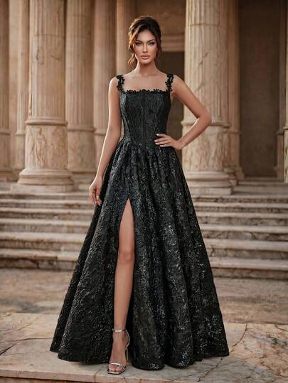 Glamrae Đầm dạ hội nữ màu đen sang trọng, chất liệu satin jacquard cao cấp, thiết kế độc đáo, họa tiết ren hoa lãng mạn, không dây vai, dáng xòe rộng chữ A với dây buộc điều chỉnh được, phù hợp cho các buổi hẹn hò, kỳ nghỉ, tiệc độc thân, đám cưới, tựu trường và mọi dịp trang trọng.