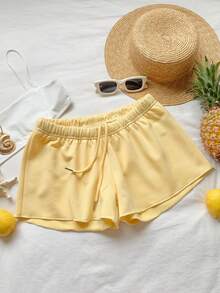 Comfortcana Plus Size Solid Color Elastic Waist Loose Casual Versatile Shorts, Soft Shorts For Spring/Summer, Yellow - Yellow - View 7