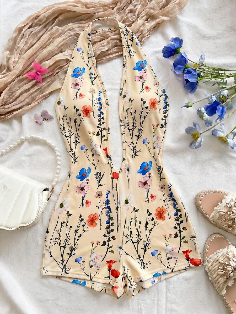 Soleia Tuta da donna bianca per vacanze, in maglia con texture a onde, scollo a V profondo, schiena scoperta, aderente, adatta per feste, appuntamenti, tè pomeridiano, stile boho per vacanze, spiaggia, outfit estivo - Giallo chiaro - Visualizzare 1