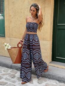 SHEIN Frenchy Women's All-Over Print Bandeau Top And Wide Leg Casual 2 Pieces Set - Brown - View 5