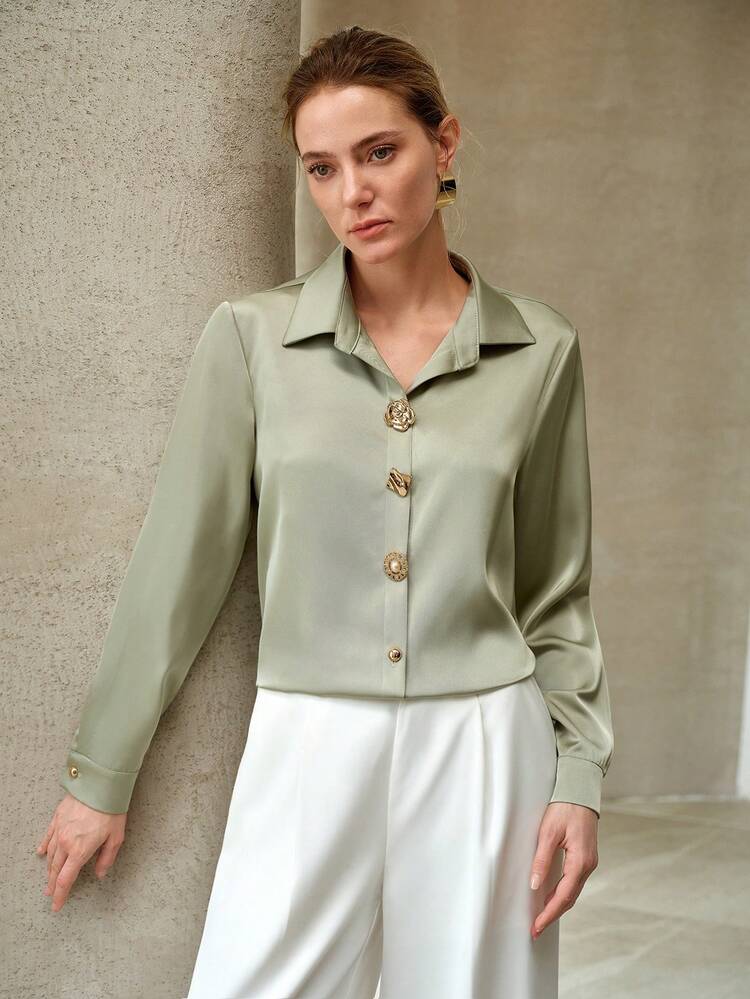 ELEGANT SATIN DECORATIVE BUTTONS SHIRT, SPRING/SUMMER