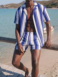 Palasendo Men's Striped Short Sleeve Single-Breasted Shirt & Shorts Casual Beach Outfit - Blue and White - View 4