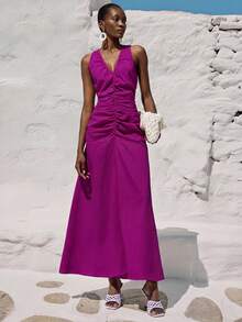 Aveloria Modichic Purple-Red Pleated Textured Fabric V-Neck Sleeveless Fitted Ruched Design Dress, Vacation, Commute, Casual, Elegant, Versatile, Minimalist - Purple - View 4