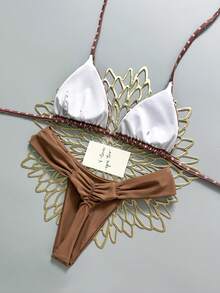 Swim Mod 女款夏季海灘高爾夫海灘派對白色波點掛脖綁帶性感比基尼三角泳褲泳衣套裝 - 棕色 - 查看 2