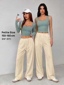 SHEIN PETITE Quần dài mặc nhà bằng vải dệt kim màu trắng mềm mại, kiểu dáng rộng rãi. - Vàng nhạt - Xem 9