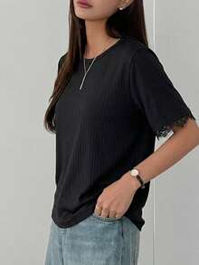 DAZY Women's Summer Round Neck Short Sleeve Lace Patchwork Casual Elegant Pullover T-Shirt Date Black - Black - View 3