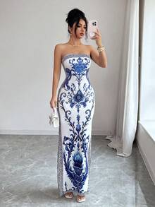 SHEIN Elenzya 优雅修身中国风印花收腰开衩连衣裙，适合正式晚宴、高端盛会、品牌活动、高档约会、周年纪念晚宴、新中式风格、文化展览、度假、海滩、庄园之旅等场合。 - 彩色 - 查看 5