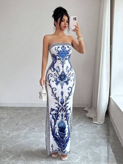 SHEIN Elenzya Elegante vestido con abertura y cintura ceñida con estampado chinoiserie, adecuado para cenas formales, galas de alta gama, eventos de marca, citas elegantes, cenas de aniversario, nuevo estilo chino, exposiciones culturales, vacaciones en resort, playa, viajes a mansiones