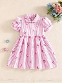 SHEIN Playful Pals 女童休閒時尚格紋蝴蝶結印花泡泡袖襯衫洋裝，適合春夏外出、戶外、校園及日常穿著 - 粉色 - 查看 4