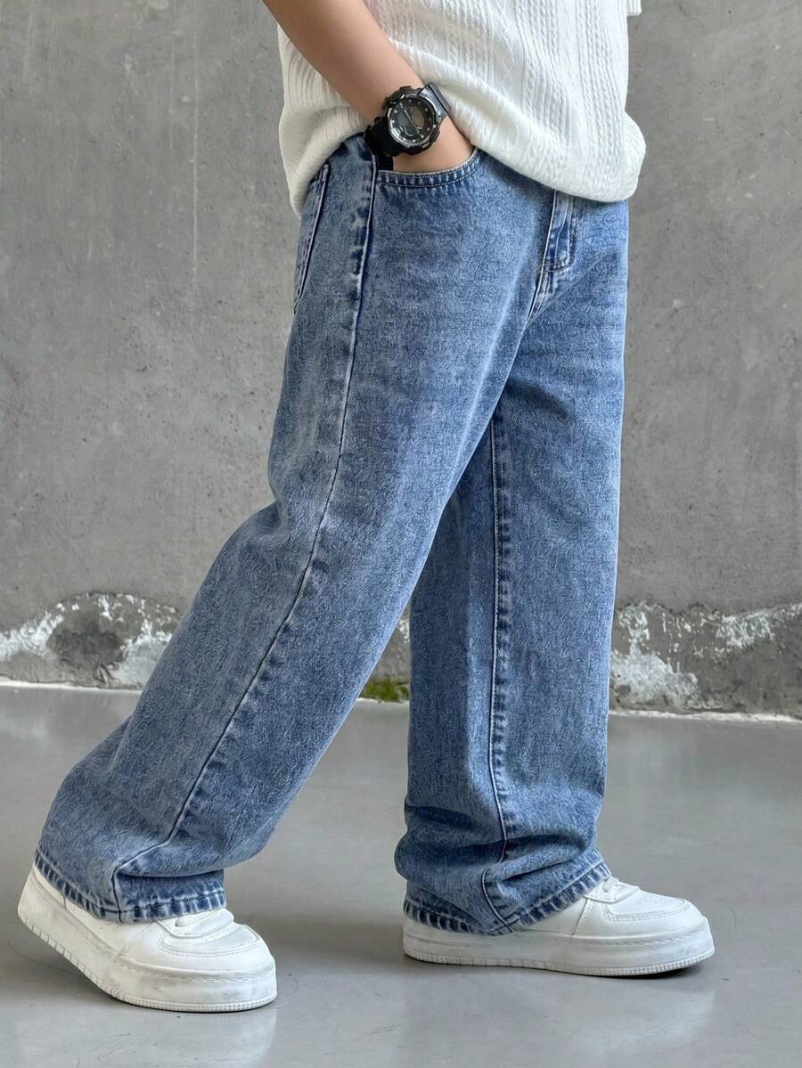 SHEIN Quần jean denim ống rộng dáng suông màu xanh dương, bạc màu, hợp thời trang cho bé trai, thích hợp mặc hàng ngày vào mùa xuân/hè. - Rửa trung bình - Xem 1