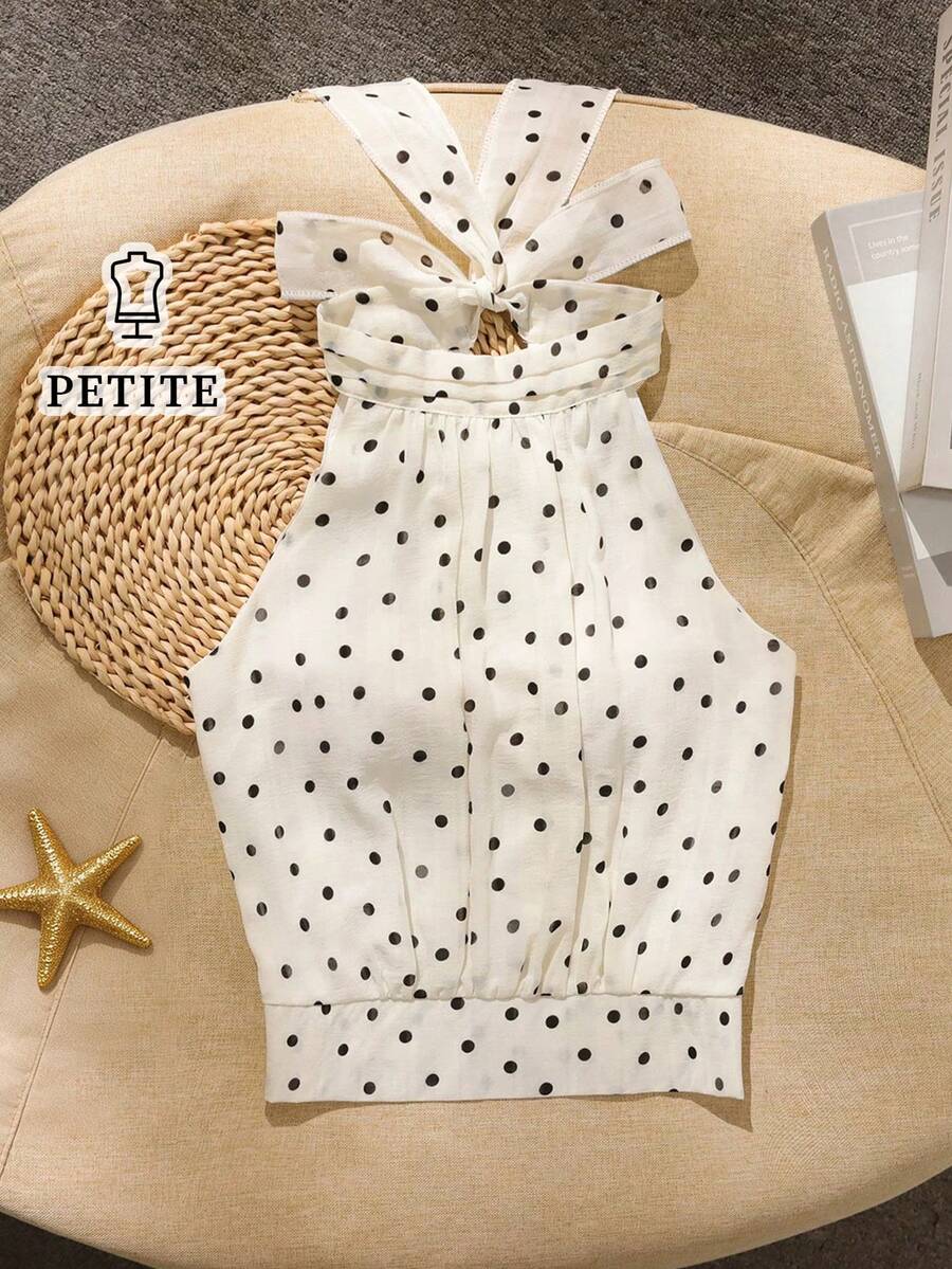 SHEIN PETITE Áo kiểu nữ mùa hè thanh lịch, cổ yếm buộc dây, chất liệu vải chấm bi, thích hợp mặc đi làm, đi nghỉ mát, đi biển, mặc công sở, mặc hàng ngày. - Màu be - Xem 1