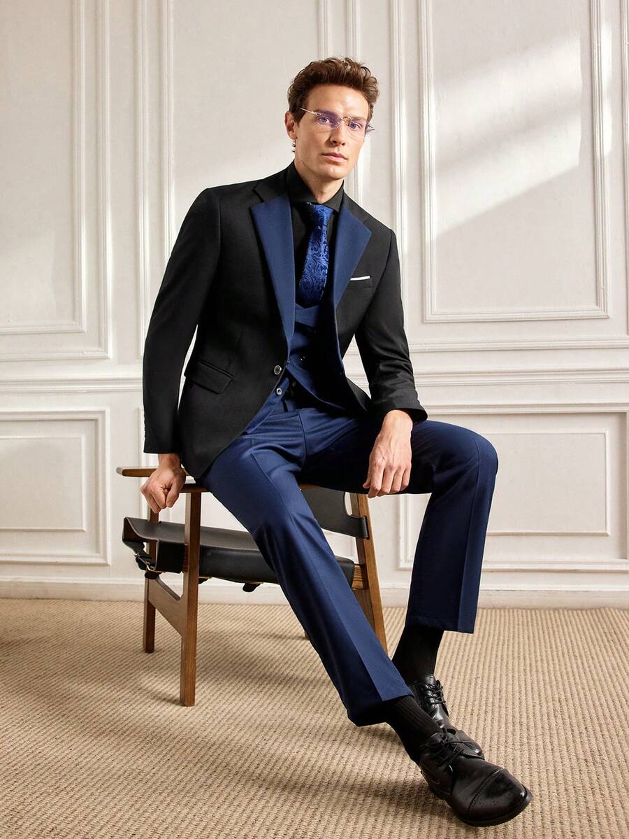 3pcs Men's Classic Polyester Suit Set, Non-Stretch Solid Color, Lapel Neck, Regular Fit, With Vest, Long Sleeve Jacket And Pants, Suitable For Work Style In All Seasons Wedding Suit - Navy Blue - View 1