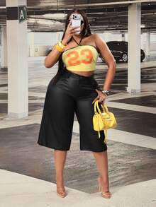 Jeanoix Plus Size Women Y2K Style PU Coated Pocket Capri Pants Curve Long Shorts - Black - View 7