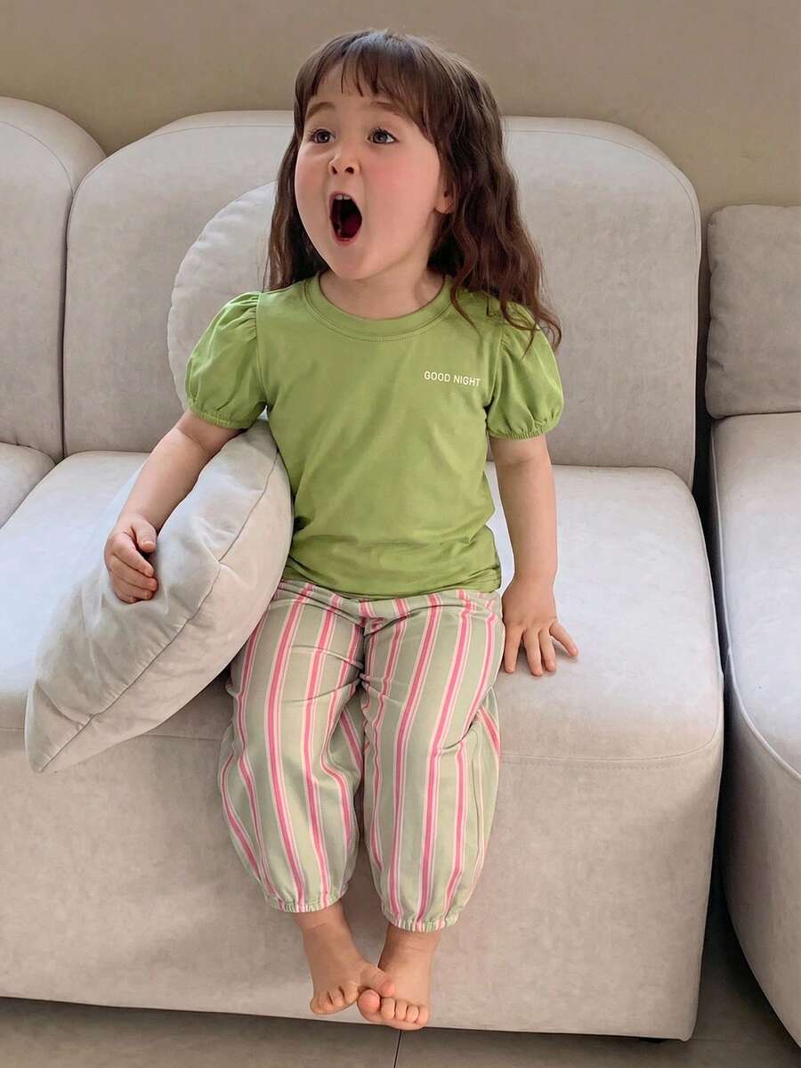 DAZY 2件組女嬰圓領純色短袖上衣與條紋寬鬆長褲居家服套裝 夏季幼兒 - 薄荷綠 - 查看 1