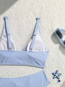 SHEIN Swim Vcay Bộ đồ bơi đặc biệt cho kỳ nghỉ, gồm áo bơi buộc cổ và quần bơi cạp lửng chéo phía trước, chất liệu vải kẻ sọc. - Nhiều màu - Xem 6