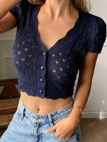 Women's Solid Color Cropped Fitted Hollow V-Neck Short Sleeve Elegant Vacation Summer Top - Blue - View 7