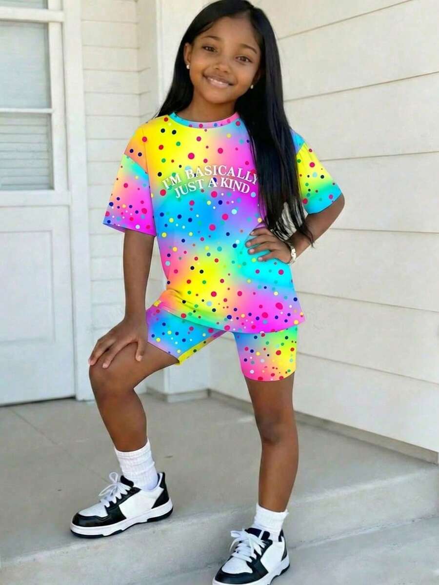 Random 6items,Send 2item 2pcs Tween Girls Casual Colorful Pattern Short Sleeve T-Shirt And Shorts Set, Suitable For Summer - Multicolor - View 1