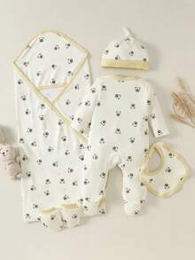 SHEIN Bộ 5 món in hình gấu hoạt hình cho bé gồm yếm, mũ, găng tay và chăn quấn, trang phục dễ thương cho các bữa tiệc và mặc hàng ngày, phù hợp cho bé từ 0-1 tuổi, sản phẩm mới mùa xuân/hè. - Màu vàng - Xem 2