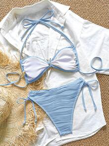 Swim Mod Conjunto de bikini con textura de tela, hebilla de metal y atar al cuello y a los lados, para verano y vacaciones en la playa - Azul - Ver 2