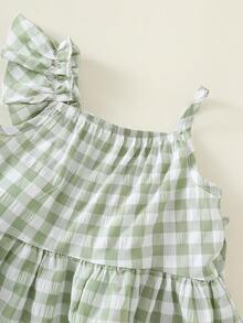 Bộ đồ 2 món cho bé gái, gồm áo hai dây và quần dài kẻ caro xanh trắng có bèo nhún, thích hợp cho mùa hè, kỳ nghỉ, du lịch, đi học. - màu xanh lá - Xem 6