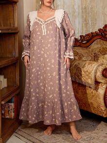PalaceNights Vintage Ditsy Floral Long Sleeve Ruffle Hem Dress, Embroidered Trim Loose Plus Size Nightgown - Multicolor - View 6