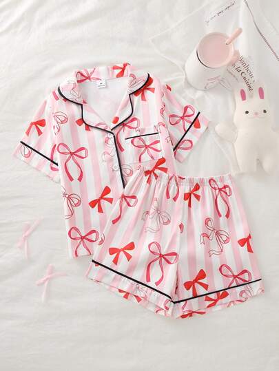 Toddler Girls' Sweet Cute Elegant Casual Daily Comfortable Minimalist Fashion Soft Skin-Friendly Flame Retardant Woven Faux Silk Fabric Pink Striped Bow Cartoon Print Lapel Cardigan Short Sleeve Top With Shorts Pajama Set, 2pcs