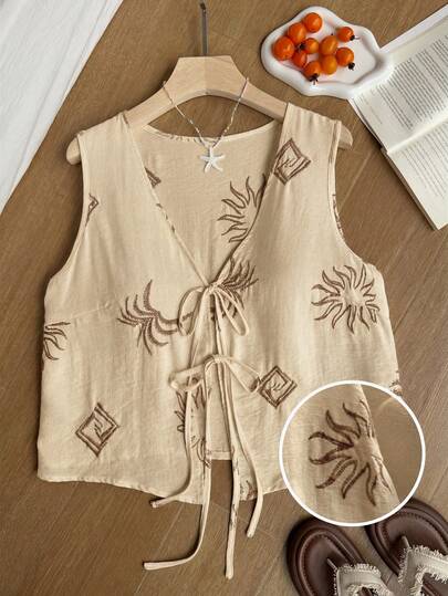 Comfortcana Áo không tay cỡ lớn dành cho kỳ nghỉ hè, thêu họa tiết, thắt nơ phía trước.