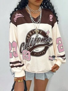 Rovax Women's Casual V-Neck Oversized Long Sleeve Letter Print Sweatshirt, Autumn Jersey - Pink - View 4