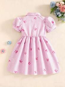 SHEIN Playful Pals 女童休閒時尚格紋蝴蝶結印花泡泡袖襯衫洋裝，適合春夏外出、戶外、校園及日常穿著 - 粉色 - 查看 2
