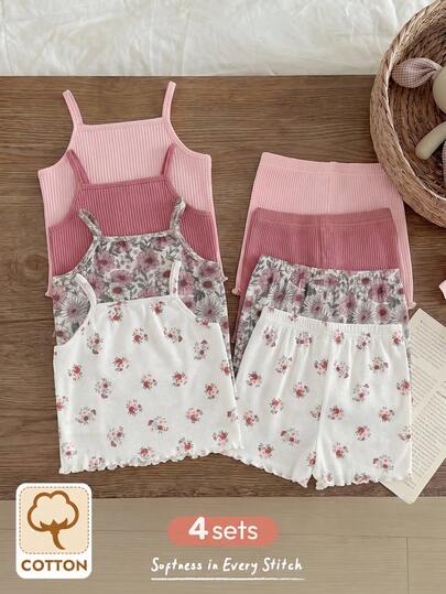 Cozy Pixies 8pcs/Set Baby Girl Casual Solid Color & Ditsy Floral Knit Camisole Top And Shorts Set