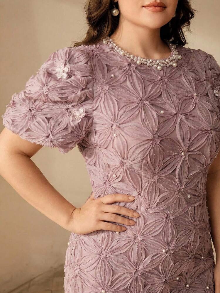 Plus Size Women's Elegant Floral Beaded Puff Sleeve Dress, Fashionable And Suitable For Parties And Gatherings, Summer
