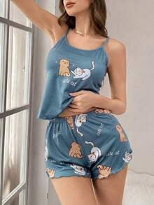 SHEIN Cute Cat Print Frill Trim Camisole & Shorts Pajama Set - Multicolor - View 5
