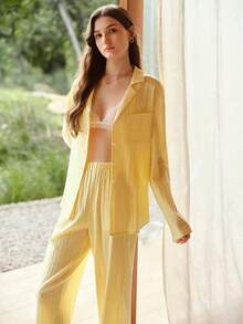 PREMIUM Bộ đồ ngủ 2 món dành cho nữ, 100% cotton, gồm áo và quần, thích hợp cho mùa xuân/hè. - Màu vàng - Xem 6